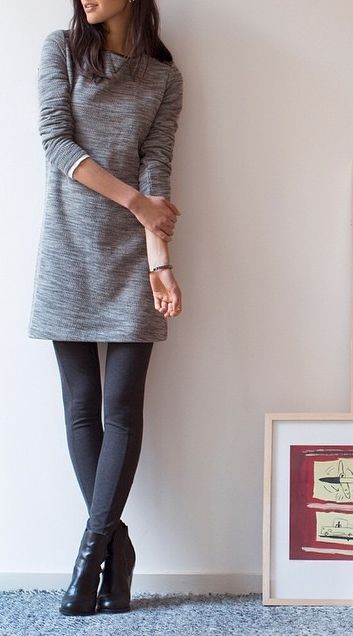Sweater dress with leggings: winter outfits,  High-Heeled Shoe,  Legging Outfits,  Brown Outfit  