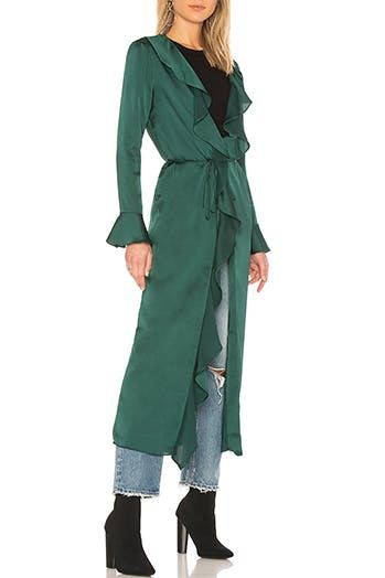 green outfit ideas with dress, Outerwear, trench coat: Trench coat,  Kimono Outfit Ideas,  Green Dress,  day dress  