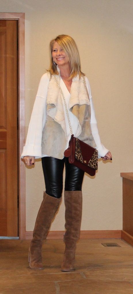 Brown and white style outfit with leggings, leather, tights: Riding boot,  Brown And White Outfit,  Knee High Boot,  Bell Bottoms,  Brown Boots Outfits  