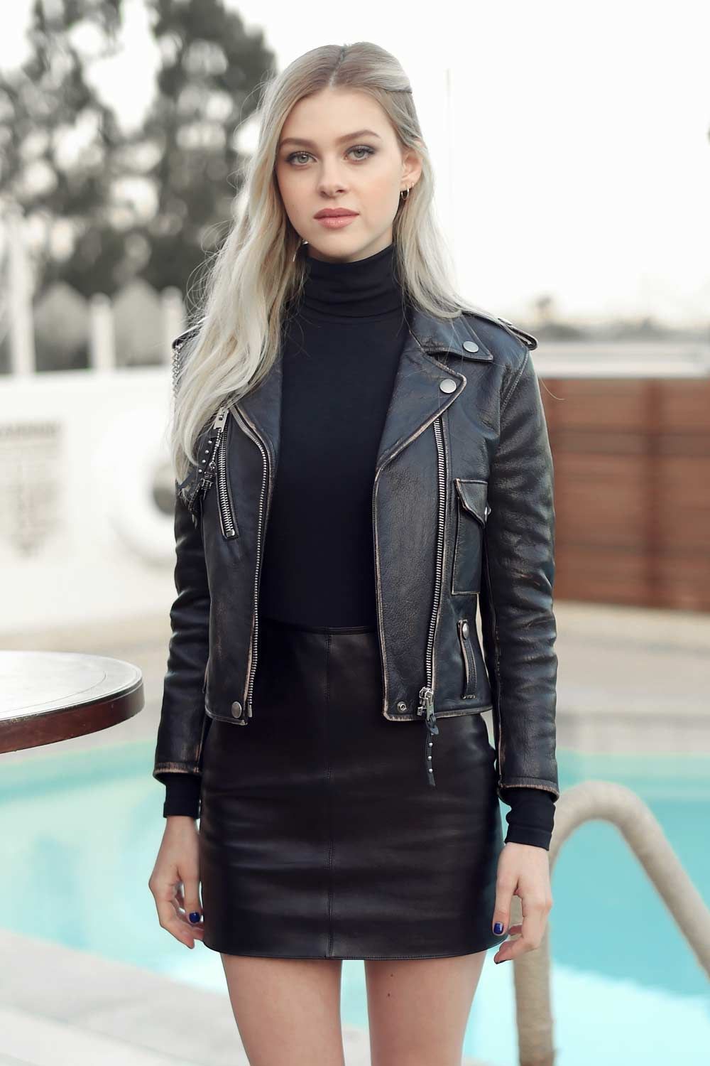 Leather jacket and skirt outfit