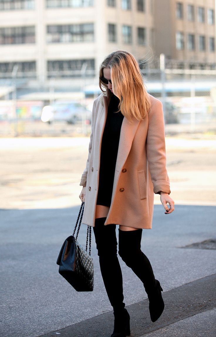 Cute outfits with coat thigh high boots, street fashion | Classy ...