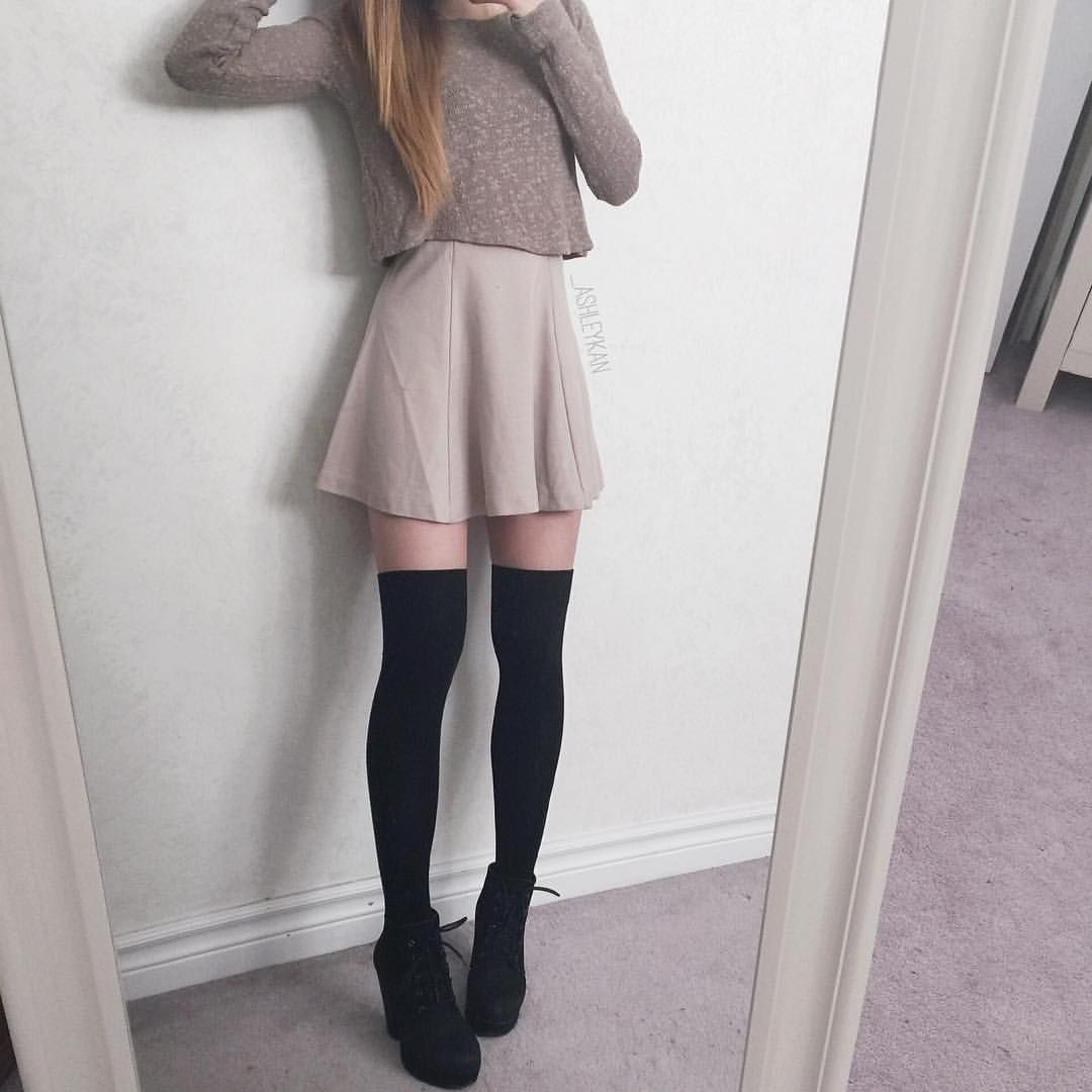 Cute outfits with thigh high socks: Knee highs,  Khaki And Black Outfit,  Thigh High Socks  