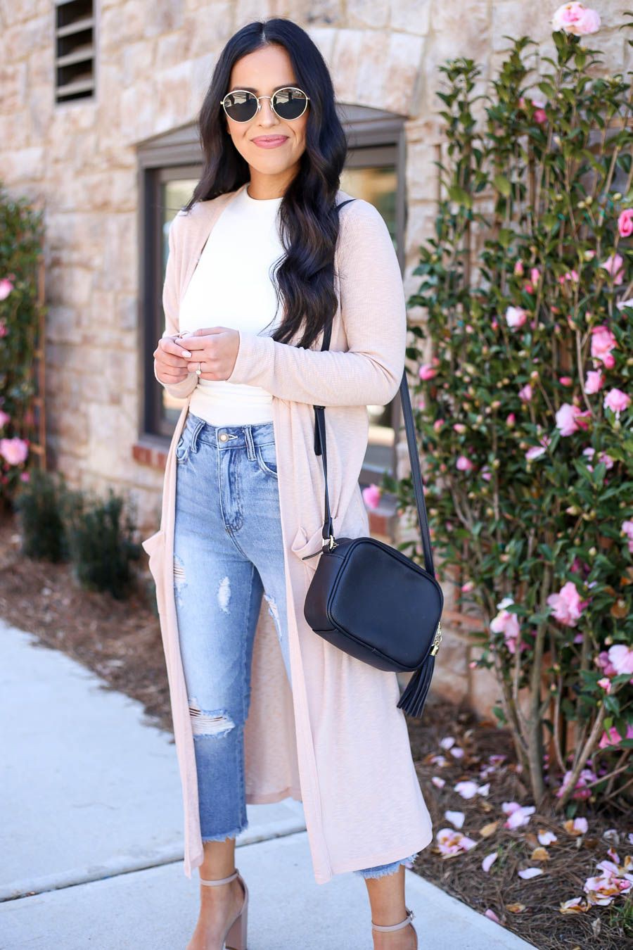 White and pink colour combination with denim, jeans Cardigan Outfits
