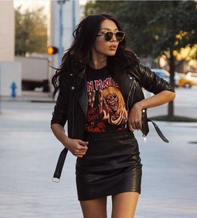 Outfit ideas with leather jacket, leather skirt, miniskirt: Leather jacket,  Leather skirt,  T-Shirt Outfit,  Street Style  