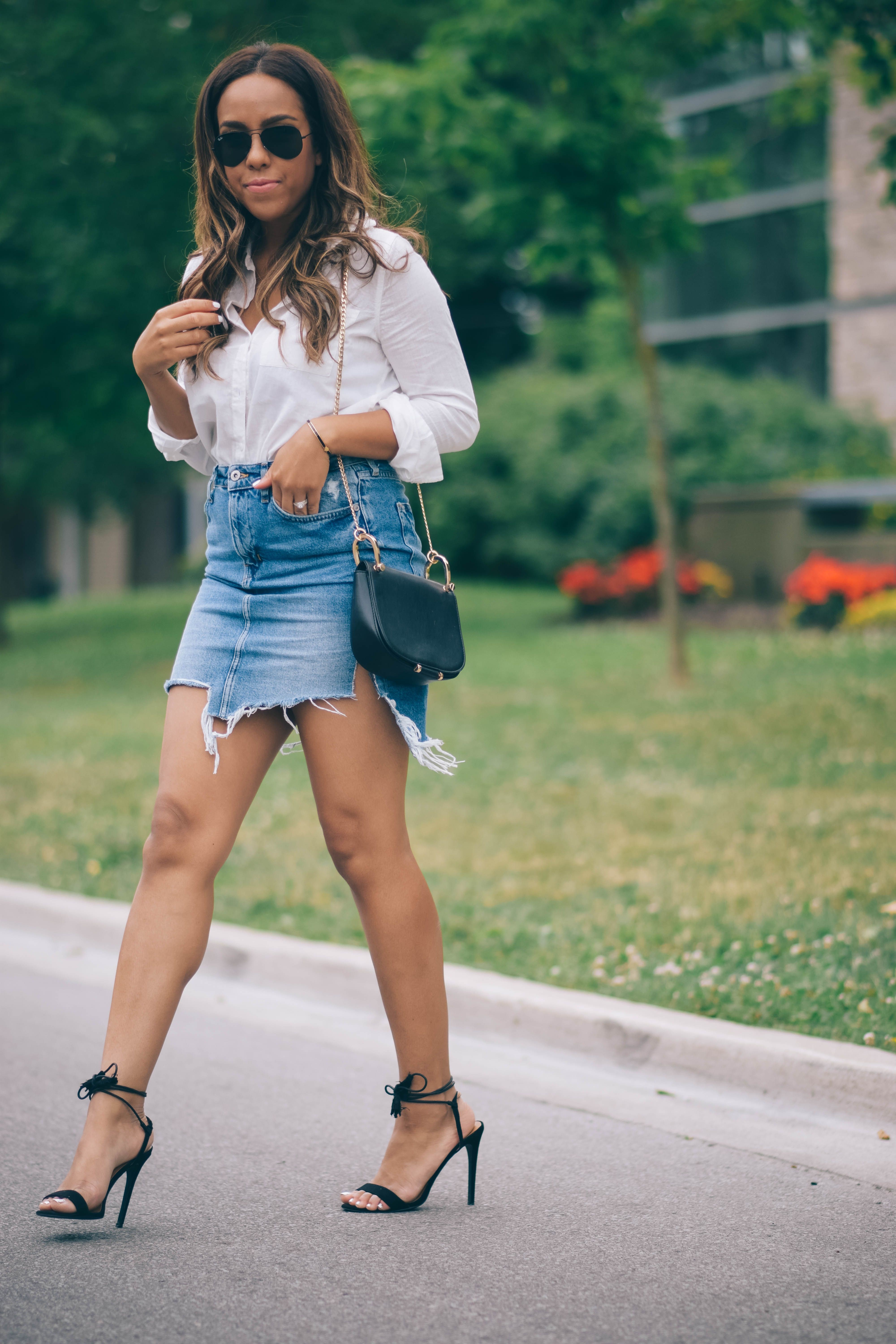 White dresses ideas with jean short, miniskirt, shorts | Denim Skirt