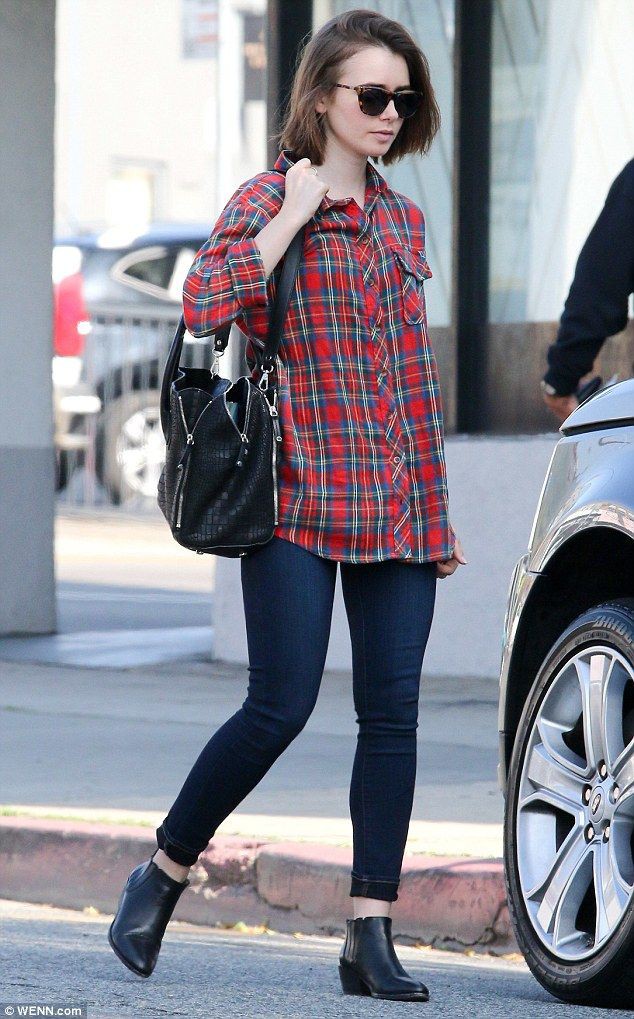 Lily collins outfits casual slim fit pants, street fashion: Lily Collins,  Street Style,  Plaid Outfits  