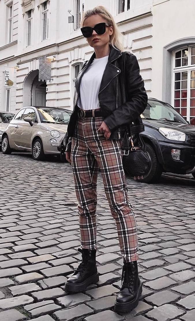 Cute plaid pants outfits, leather jacket, street fashion, casual wear, t shirt: Leather jacket,  T-Shirt Outfit,  Street Style,  Tweed Pants,  Checked Trousers  