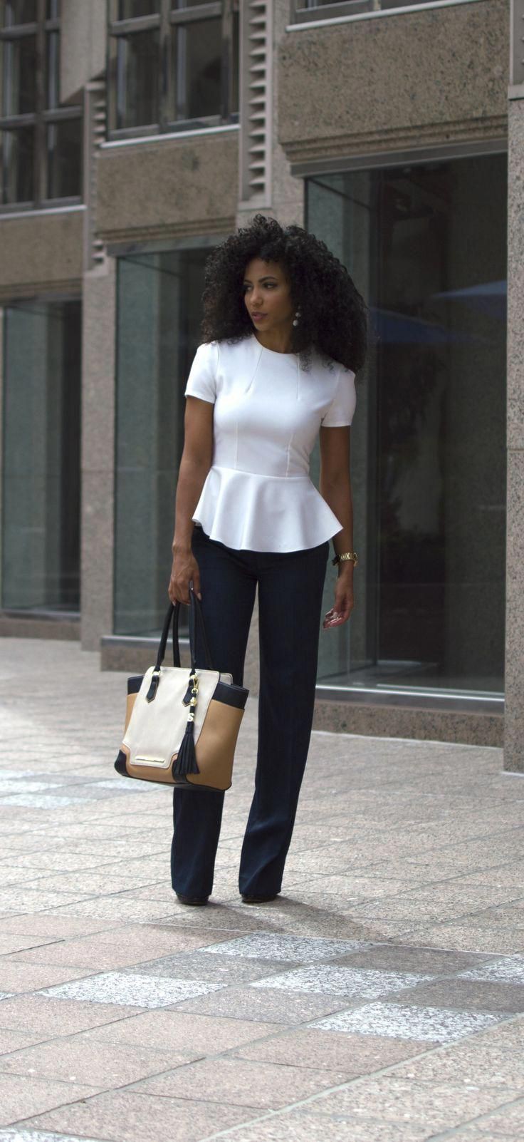 White colour outfit with workwear, blouse, shirt: White Outfit,  Street Style,  Black And White,  Peplum Tops  