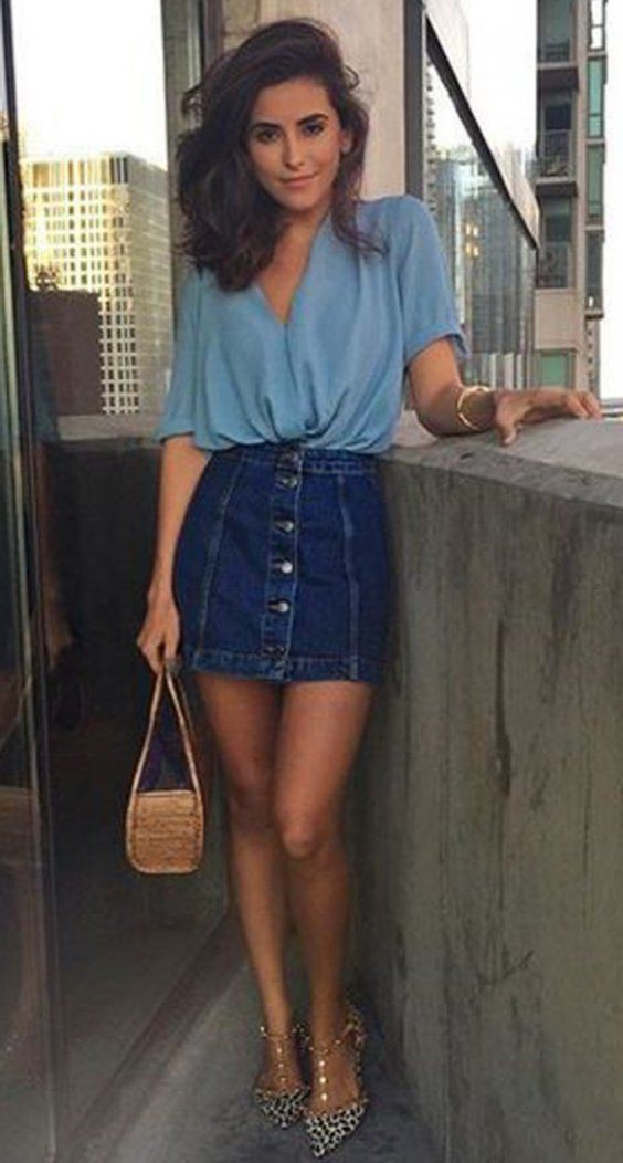 Denim skirt outfit ideas, jean jacket, casual wear, denim skirt: Denim skirt,  Brown And Blue Outfit  