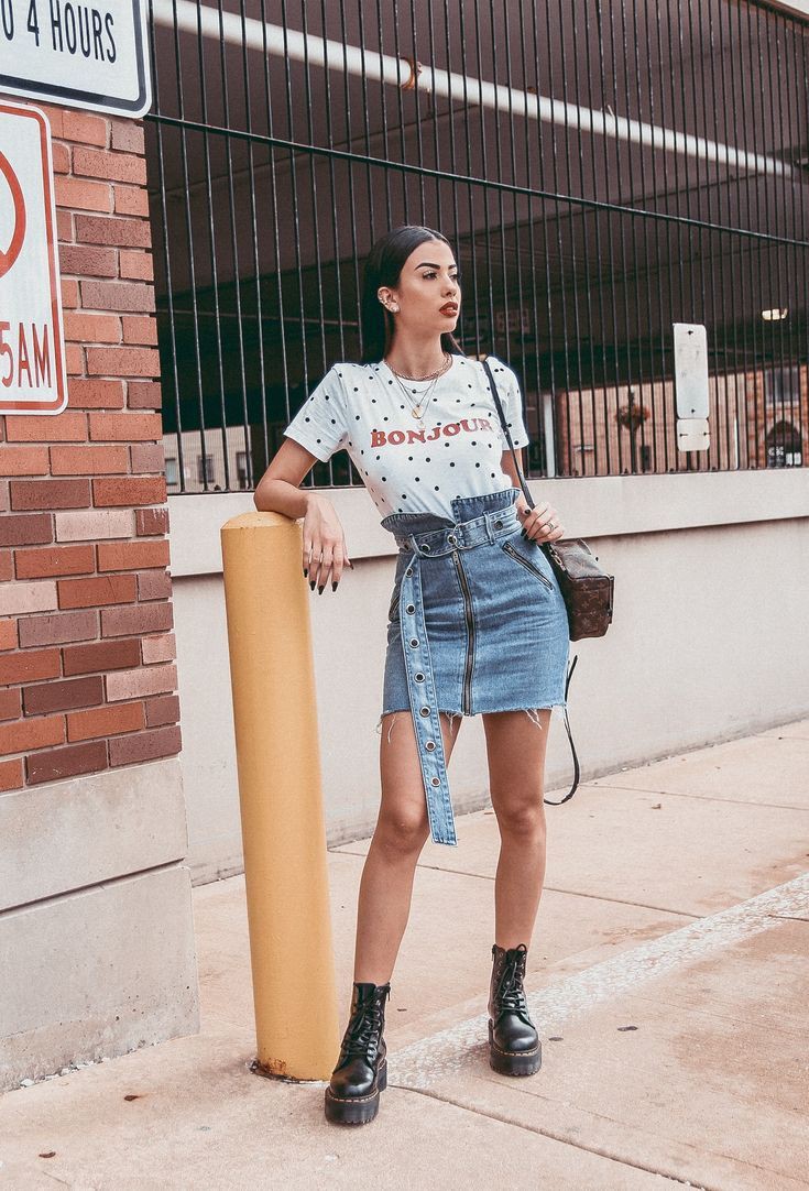 Denim skirt outfit ideas, street fashion, casual wear, denim skirt, t ...