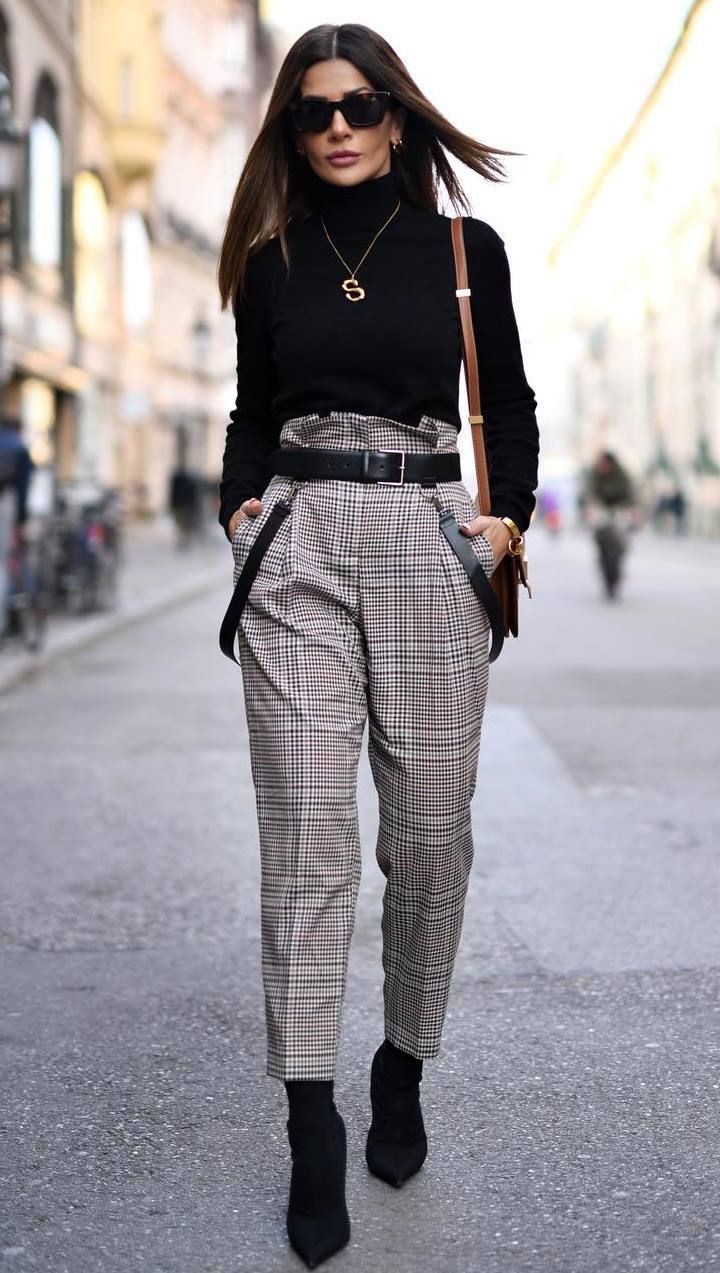 Plaid pants and boots outfit