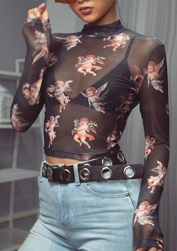 Long sleeve angel print see through clothing, polo neck: Crop top,  Polo neck,  T-Shirt Outfit,  Sheer Dresses  