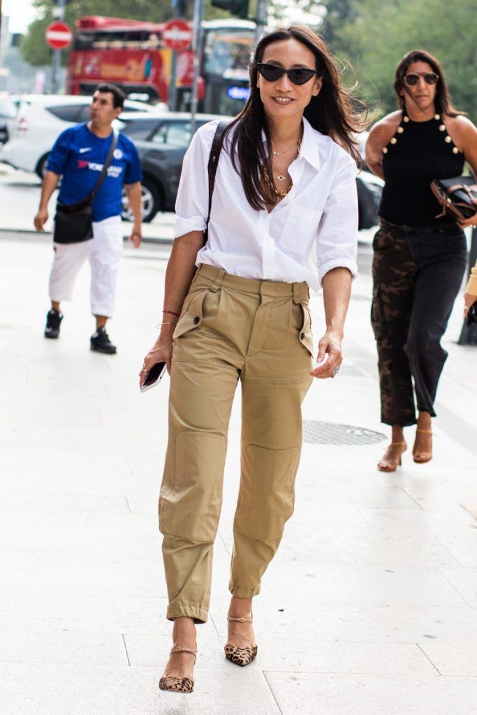 Khaki cargo pants outfit, street fashion, fashion model, trench coat, capri pants, casual wear, cargo pants