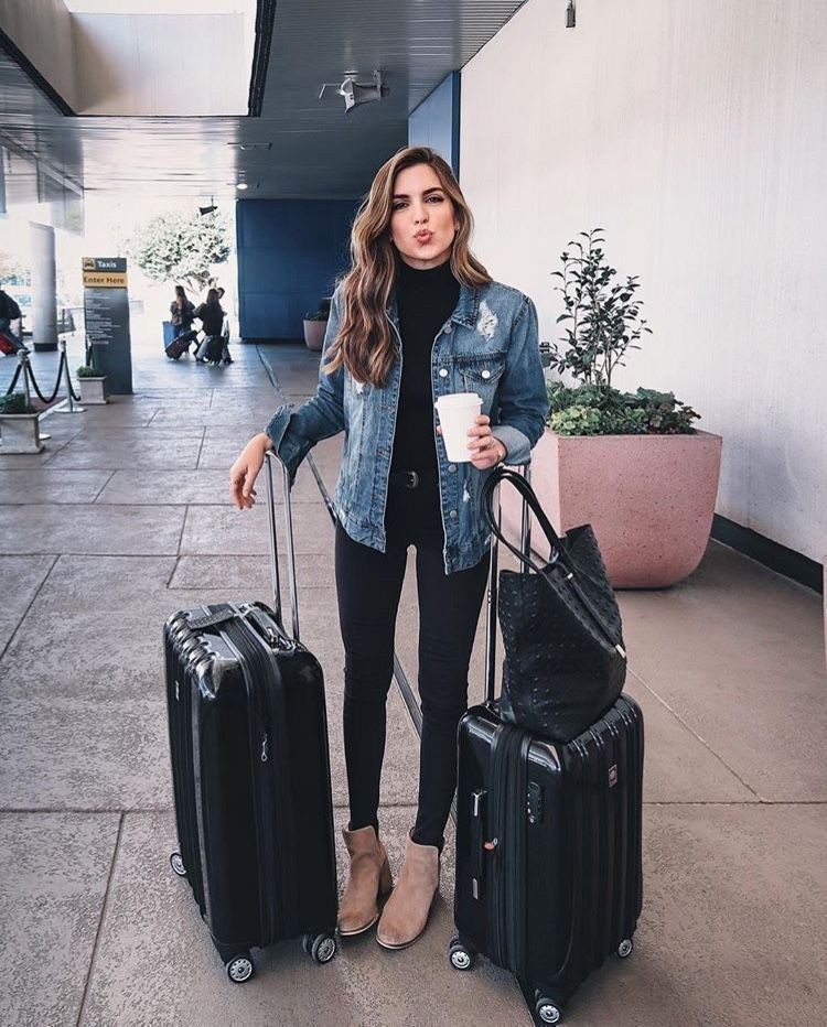 Colour ideas black travel outfit, street fashion, hand luggage, jean jacket, casual wear, t shirt: Jean jacket,  T-Shirt Outfit,  Street Style,  Airport Outfit Ideas  