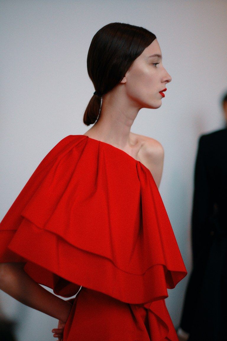 Red lookbook dress with: Fashion show,  fashion model,  Fashion week,  Haute couture,  Carolina Herrera,  Red Outfit,  One Shoulder Top  