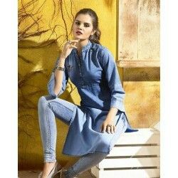 Kurti with jeans and sneakers: Kurti top,  Yellow And Blue Outfit,  Jeans & Kurti Combination  