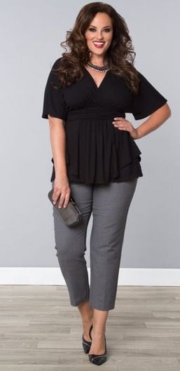 Casual summer work outfits plus size, Peplum Top With Wide Leg Pants: Business casual,  Brown And Black Outfit,  Peplum Tops  