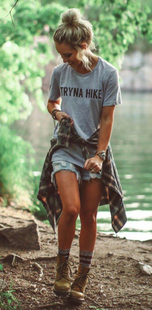 Outfit style with shorts: Hiking apparel,  Hiking boot,  T-Shirt Outfit,  Street Style,  Outdoor clothing,  Hiking Outfits  