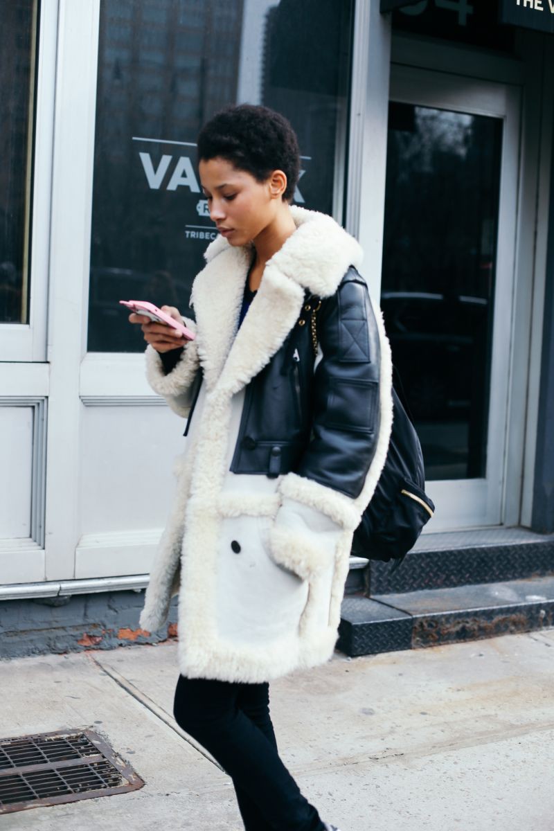 White colour dress with jacket, jeans, coat: Fashion photography,  Fashion week,  Shearling coat,  winter outfits,  White Outfit,  Street Style,  Black And White,  Wool Coat  