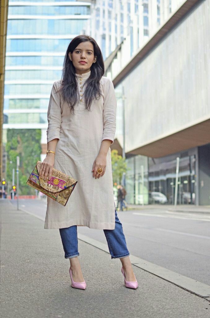 Lookbook fashion jeans with kurta slim fit pants, street fashion: Ripped Jeans,  Street Style,  Yellow And White Outfit,  Jeans & Kurti Combination  