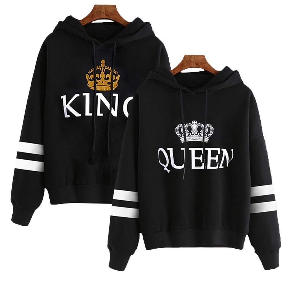 King queen hoodies for couples: T-Shirt Outfit,  White Outfit,  Fashion accessory,  Matching Couple Outfits,  Black Hoodie  