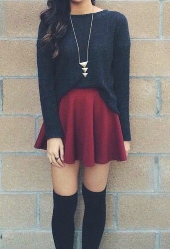 Colour outfit, you must try skater skirt outfit, winter clothing, skater skirts, knee highs: winter outfits,  Knee highs,  Maroon And Black Outfit,  Thigh High Socks  