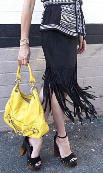 Yellow outfit ideas with miniskirt, denim: Hot Girls,  Street Style,  yellow outfit,  Fringe Skirts  
