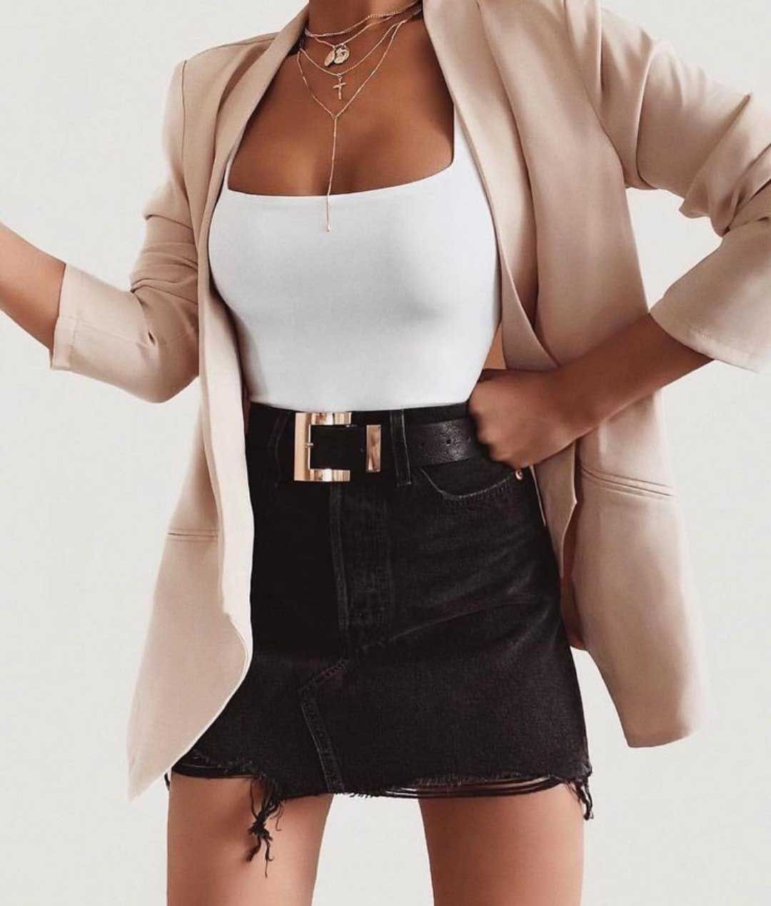 Black and white classy outfit with jacket: Black And White Outfit,  Denim skirt  