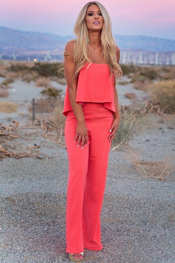 Coral and pink colour combination with romper suit, trousers | Coral Outfits  | Coral And Pink Outfit, fashion model, Orange Outfits