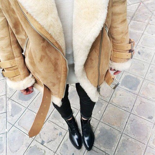 Colour outfit shearling jacket beige, shearling coat, street fashion, peplum jacket, fur clothing: Fur clothing,  Shearling coat,  winter outfits,  Peplum jacket,  Street Style,  Brown Outfit  