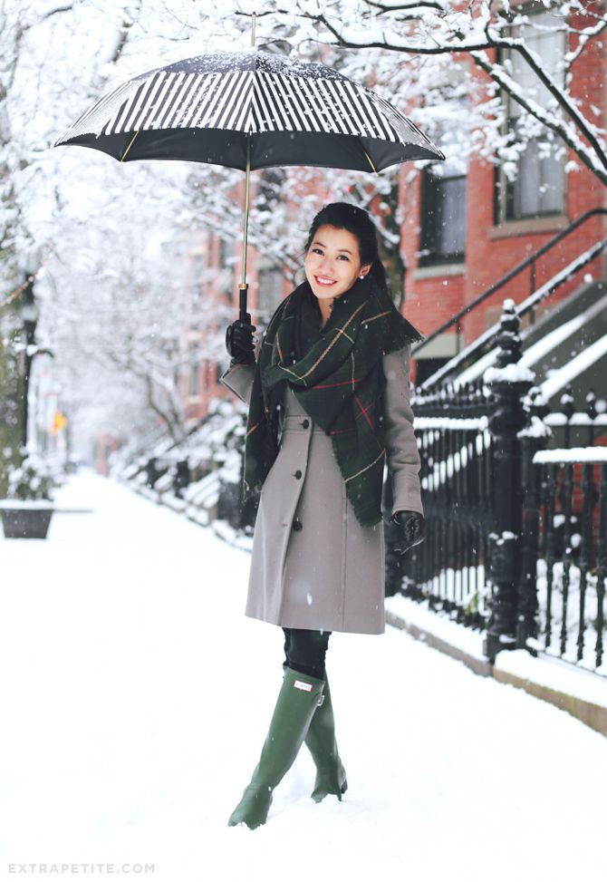 Wool coat in snow, wellington boot, winter clothing, street fashion, j.crew: winter outfits,  green outfit,  Wellington boot,  Street Style,  Boot Outfits  