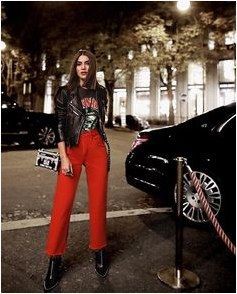 Red colour outfit, you must try with leather jacket, latex clothing, trousers: Leather jacket,  Latex clothing,  Street Style,  Red Outfit,  T-Shirt Outfit  