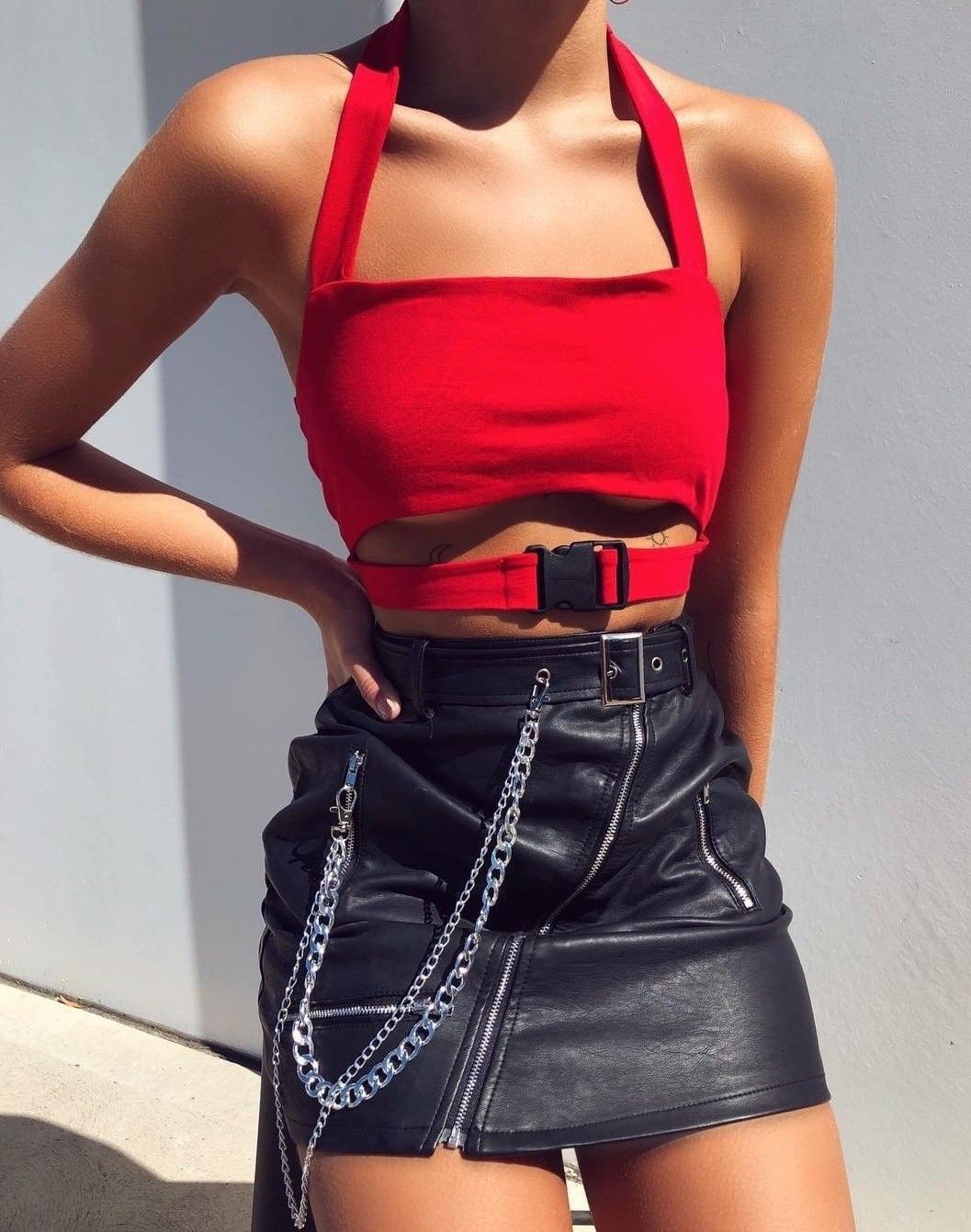 Red crop top with buckle | Bandeau Top Outfits | Bandeau Dresses, Crop ...