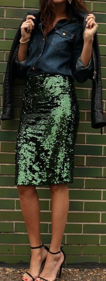 Outfit ideas green sequin skirt, cocktail dress, pencil skirt