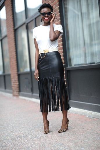 Falda de cuero con flecos: Bandage dress,  Crop top,  Pencil skirt,  Street Style,  Brown Outfit,  Fringe Skirts,  Twinset Fringed Skirt  