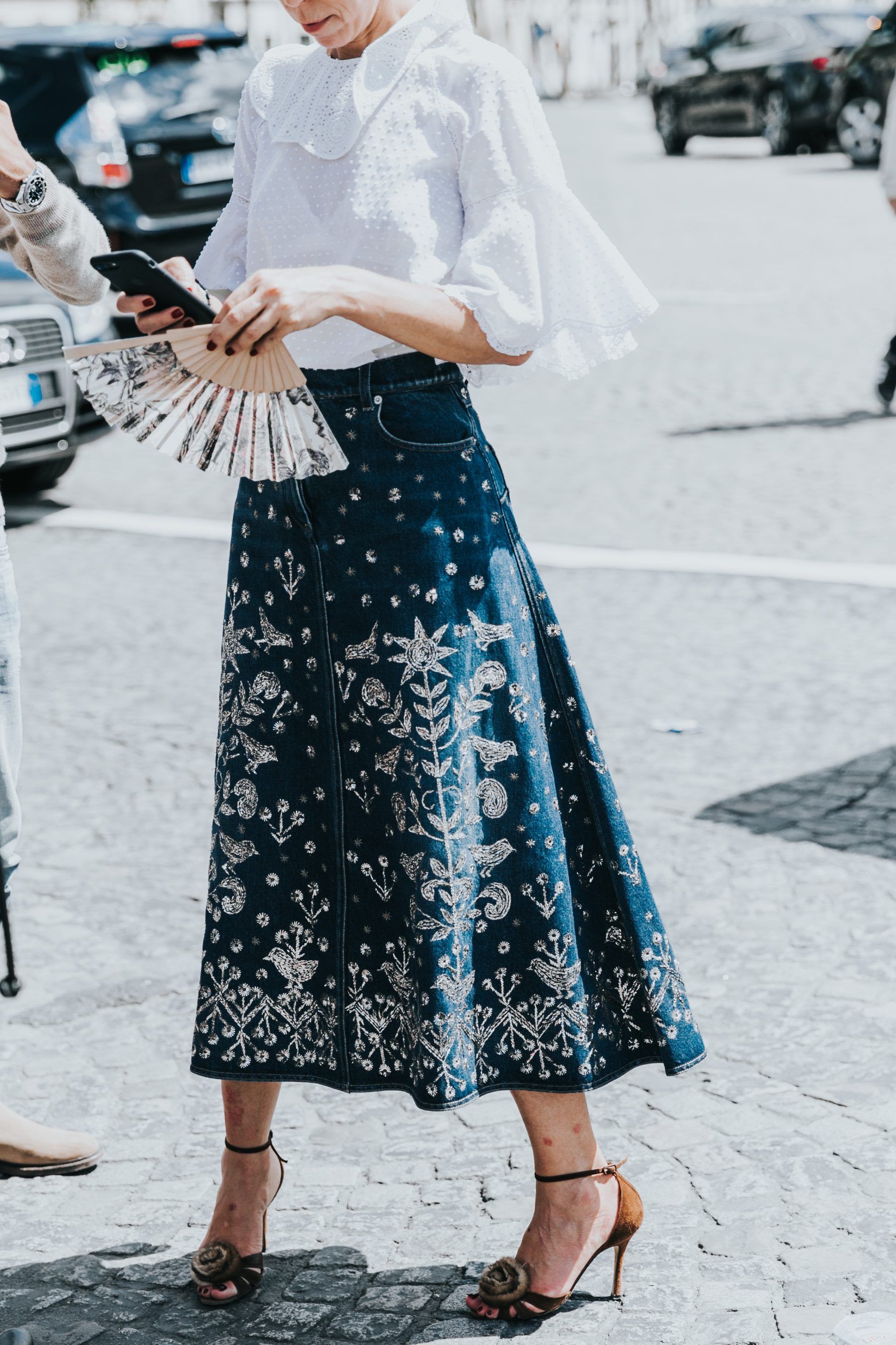 Paris street fashion july 2017 paris fashion week, street fashion: Denim skirt,  Fashion show,  Fashion week,  Sequin Dresses,  Street Style,  Turquoise And White Outfit,  Paris Fashion Week  