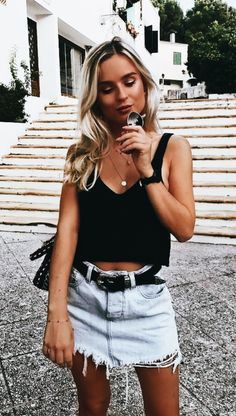 Denim skirt summer outfits, street fashion, denim skirt, photo shoot, crop top: Denim skirt,  Crop top,  White Outfit,  Street Style  