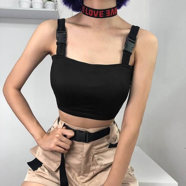 Black crop top with buckle straps: Spaghetti strap,  Crop top,  Sleeveless shirt,  T-Shirt Outfit,  Bandeau Dresses,  Bralette Crop Top  