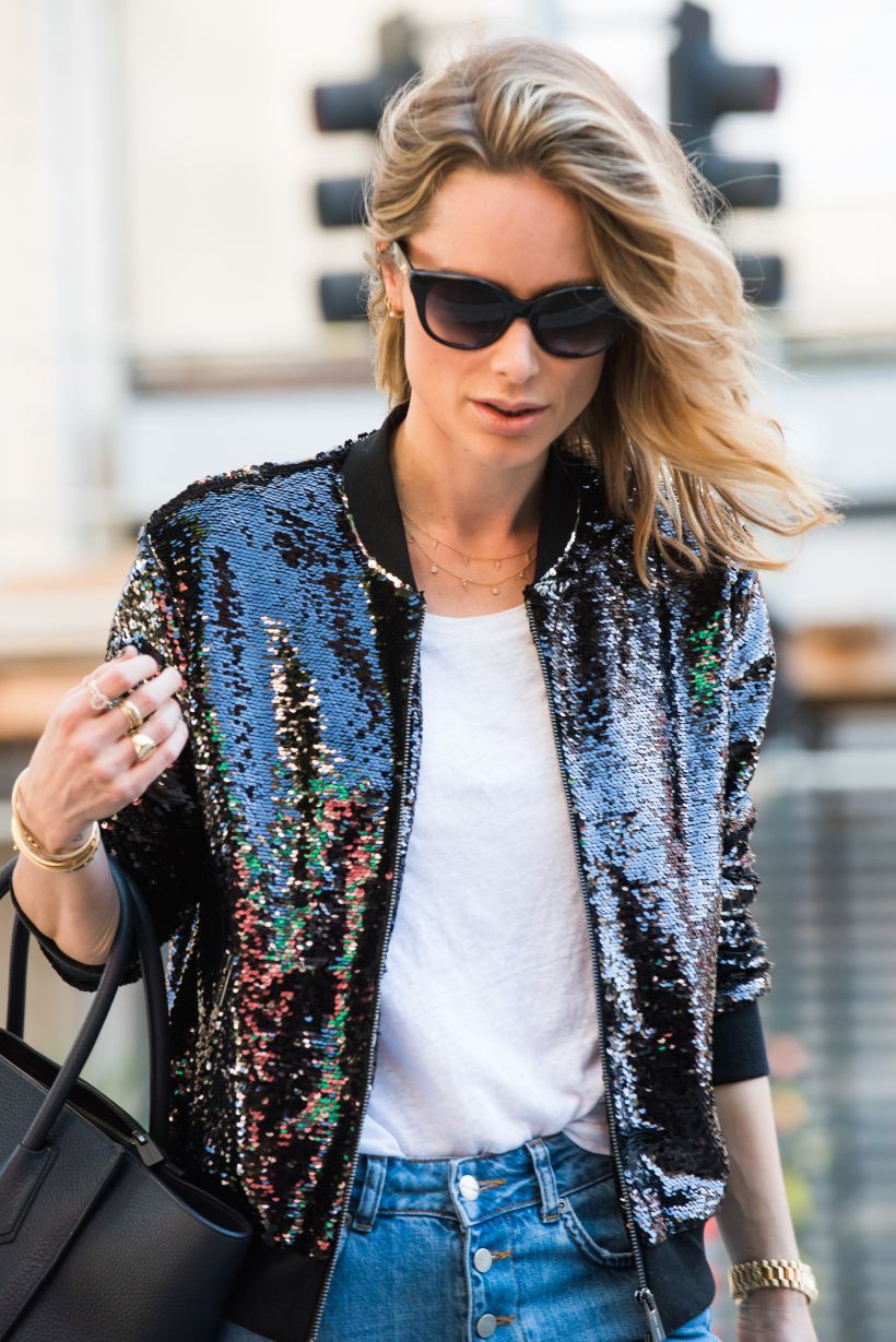 Outfit with sequin bomber jacket: Flight jacket,  Sequin Dresses,  Street Style,  Sequin Outfits,  bomber jacket  