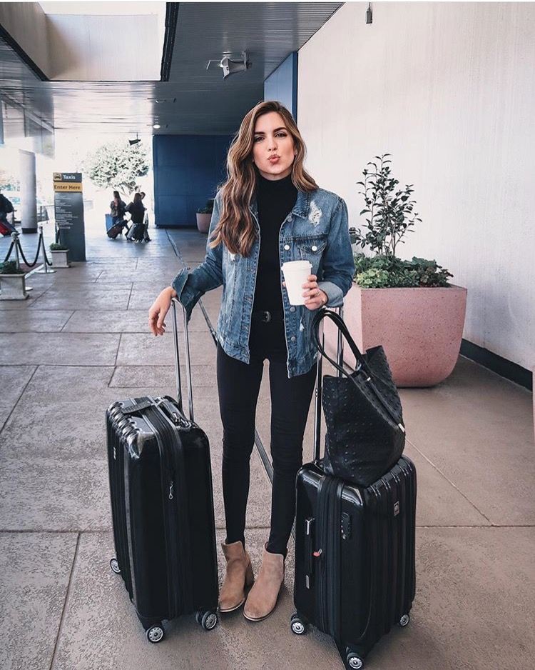 Designer outfit black travel outfit, material property, street fashion,  hand luggage, jean jacket, casual wear, t shirt | Airport Outfits | Airport  Outfit Ideas, Hand luggage, Jean jacket