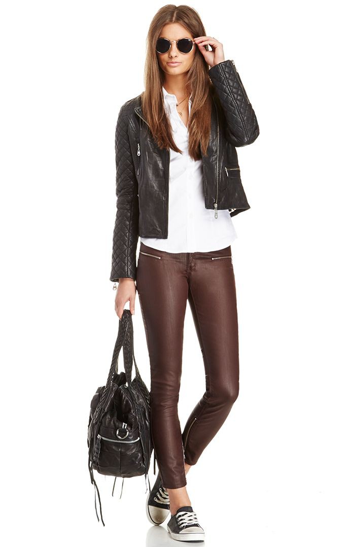 Brown and white colour combination with leather jacket, leggings, leather: Casual Outfits,  Leather jacket,  Brown And White Outfit,  Black Leather Jacket  