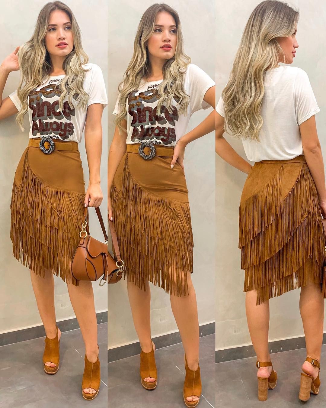 Beige and brown outfit with miniskirt, skirt: Fashion photography,  fashion model,  Beige And Brown Outfit,  Fringe Skirts  