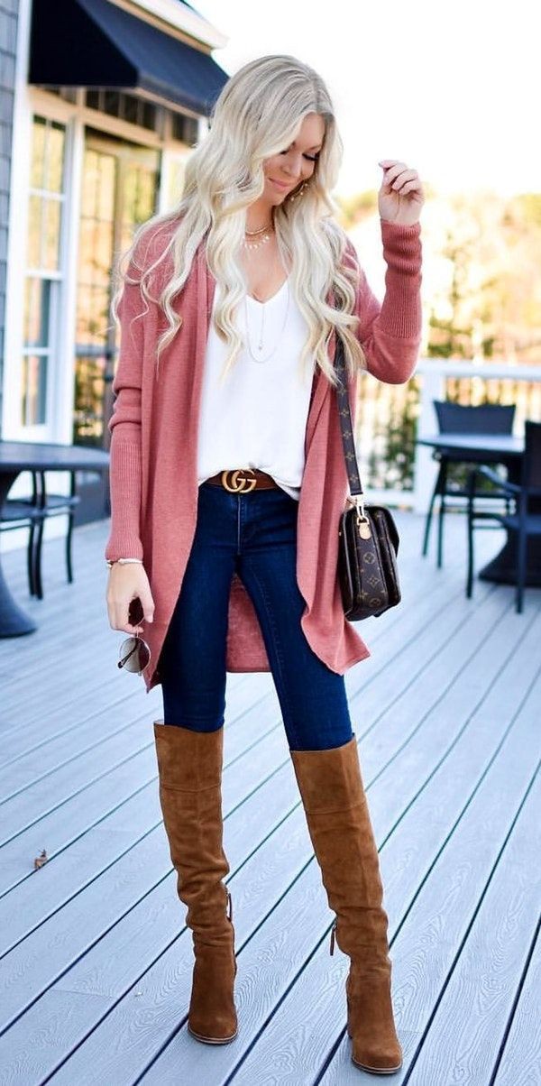 Brown and pink outfit with blazer, skirt, denim: Street Style,  Brown And Pink Outfit,  Knee High Boot,  Cardigan Outfits 2020,  pink blazer,  Pink Jacket  