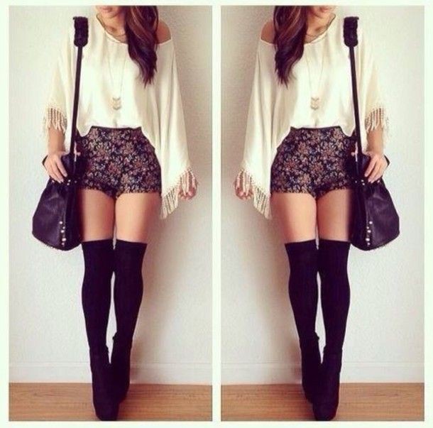 High waisted shorts and thigh highs: Crop top,  High-Heeled Shoe,  T-Shirt Outfit,  Knee highs,  Thigh High Socks  