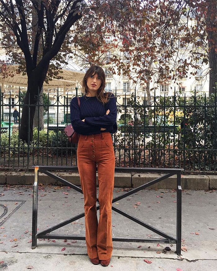 Jeanne damas brown pants, street fashion, jeanne damas, bell bottoms, casual wear, j.crew: Street Style,  Jeanne Damas,  Bell Bottoms,  Corduroy Pant Outfits  