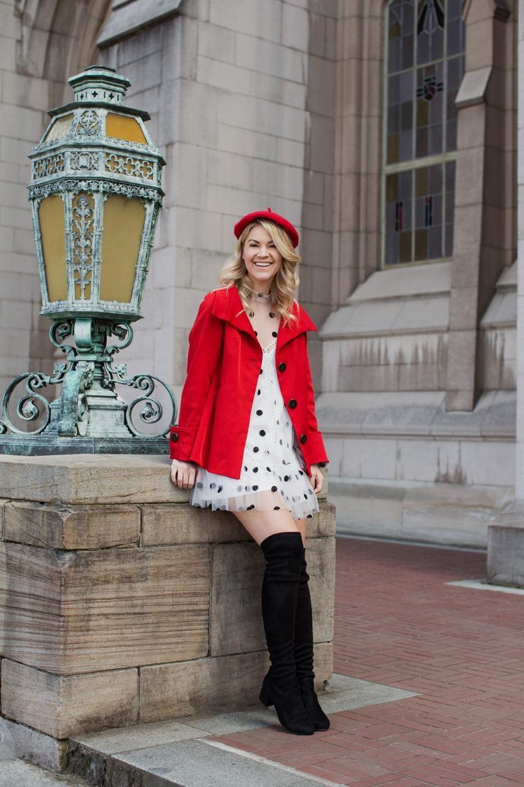 Red outfit with trench coat, polka dot, coat: Trench coat,  Street Style,  Red beret,  Red Outfit,  Outfits With Beret  