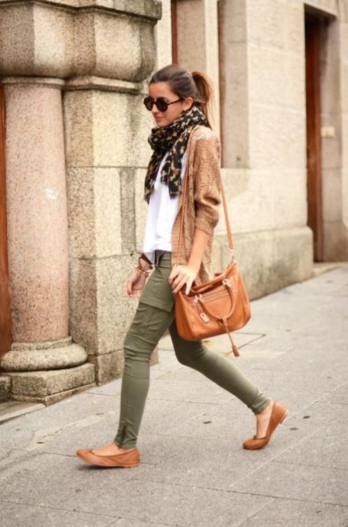 Green pants brown sweater, street ...