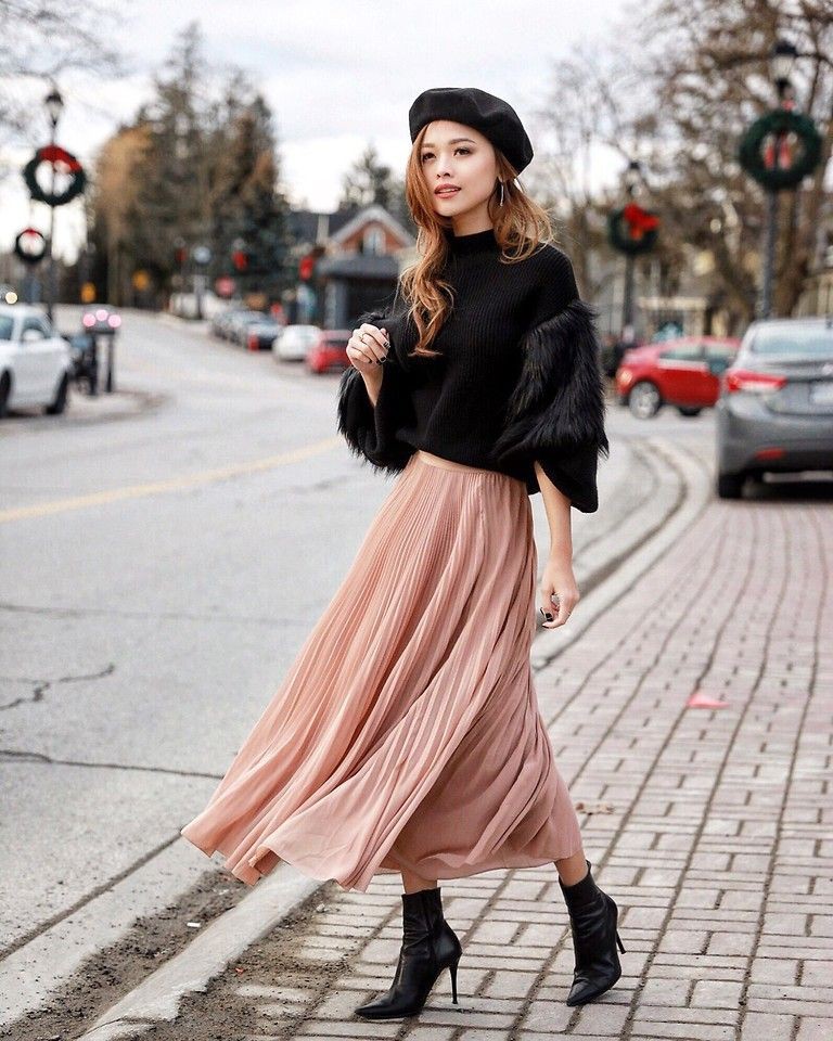 Winter outfits pink skirt, street fashion, casual wear, twirl skirt, long  skirt | Beret Outfit | Brown And Pink Outfit, Long Skirt, Outfits With Beret