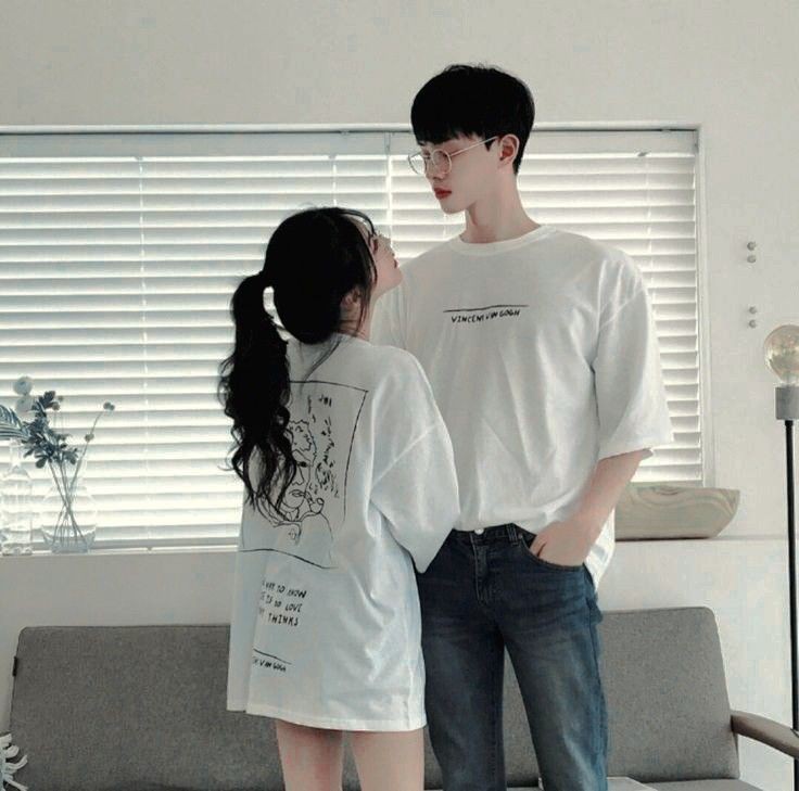 Clothing ideas ulzzang couple morning, korean language, korean idol, t shirt, k pop: T-Shirt Outfit,  White Outfit,  Matching Couple Outfits  