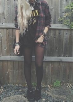 Colour combination rock style girl, alternative rock, indie rock, punk rock, long hair: Long hair,  Punk rock,  Indie rock,  Brown Outfit,  Creepers Outfits  